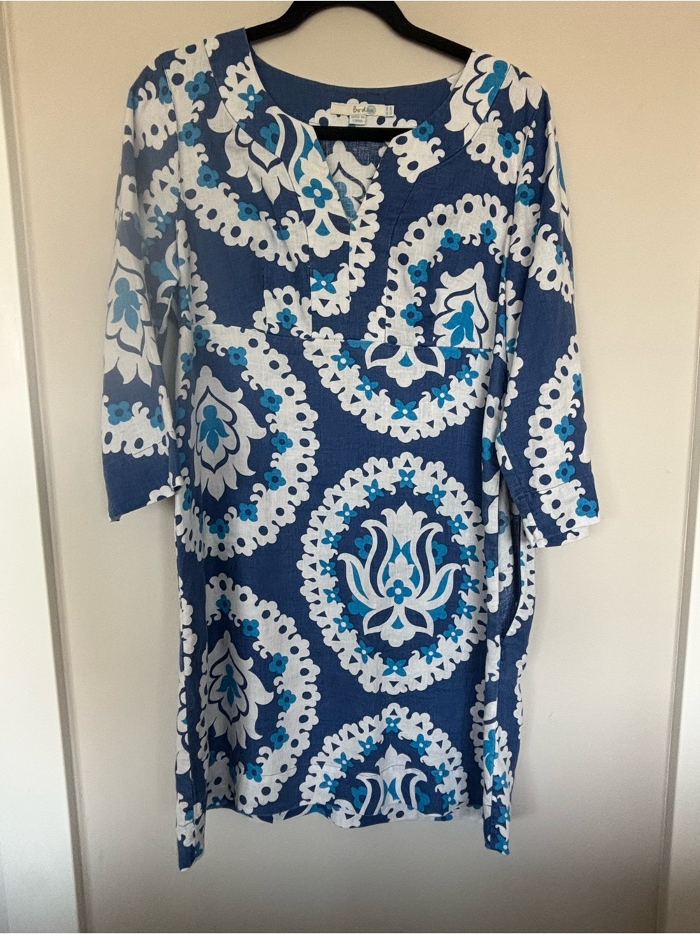 Boden Blue and White Long Sleeve Printed Shift Dress